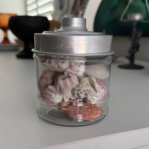 Seashells and Red Barnacles in a Glass Jar with Metal Lid